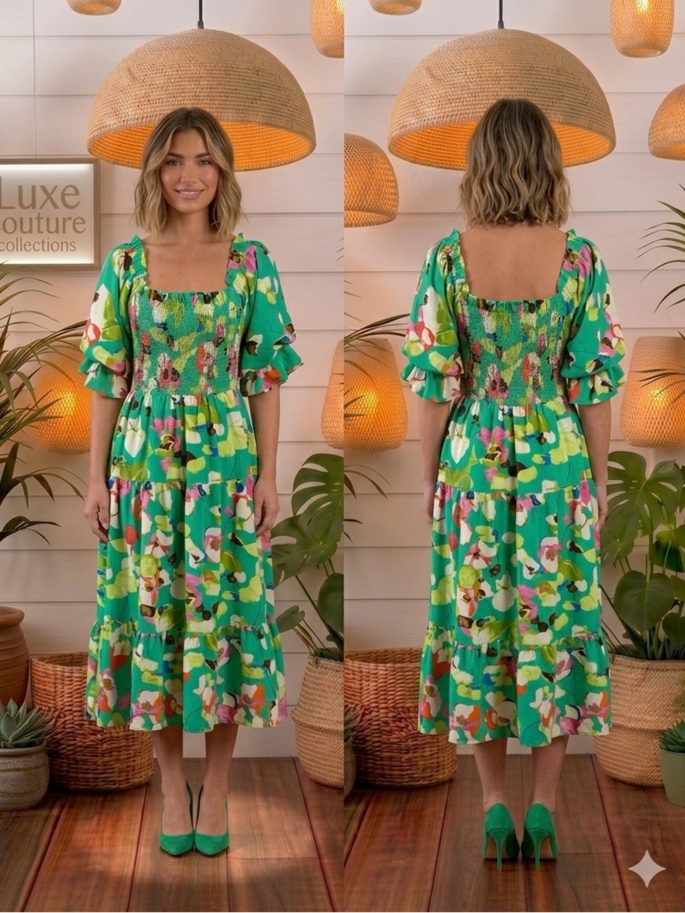 SHOW STOPPING Green Floral Smocked Maxi Dress with Puff Sleeves